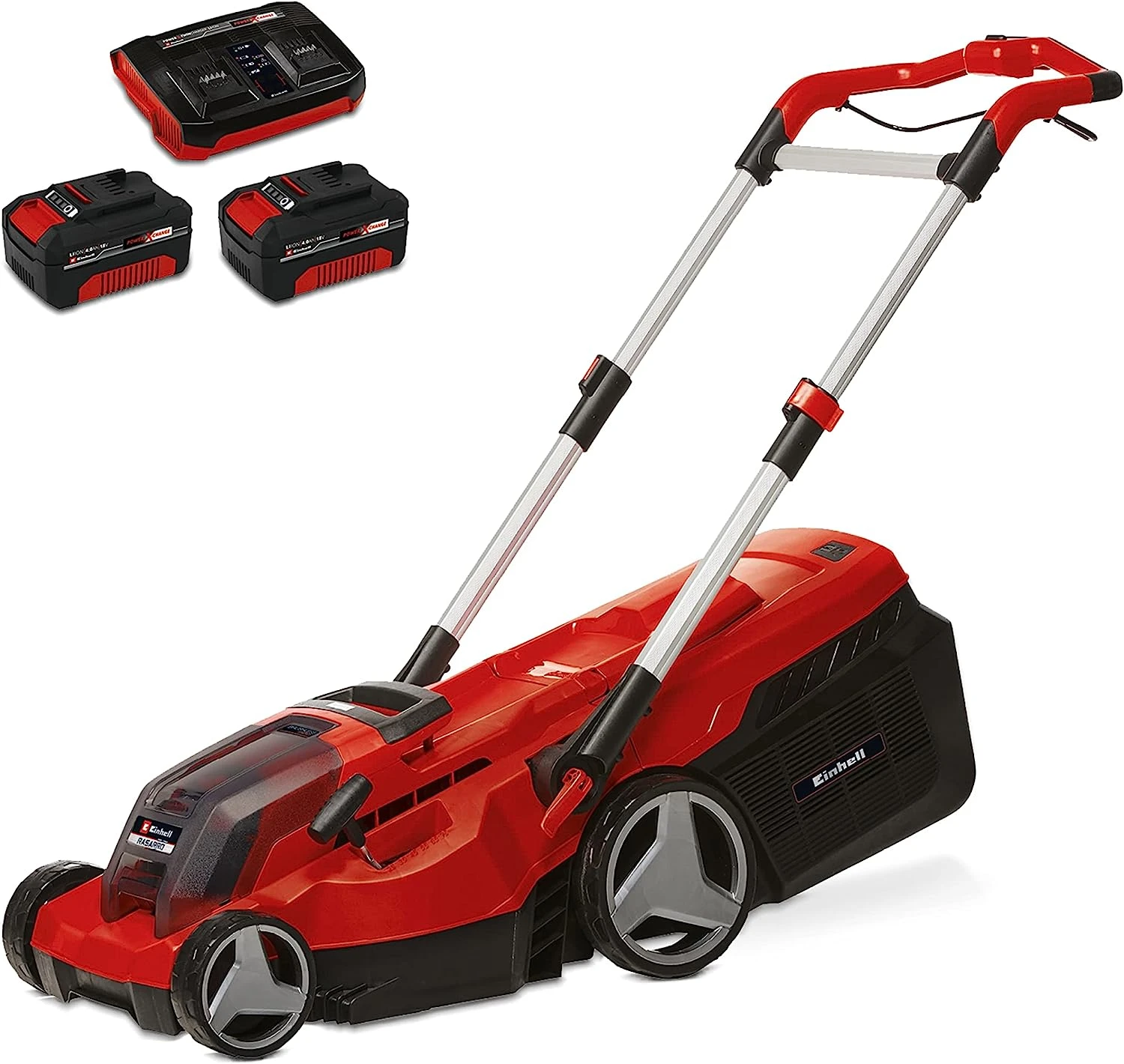 Einhell Power X-Change RASARRO 36/38 Cordless Lawnmower With Battery (x2) And Twin-Charger – 36V, Brushless Motor, 38cm Cutting Width, 45L Grass Box, 6 Cut Heights, Mulching – Battery Lawn Mower 1 Einhell Power X-Change RASARRO 36/38 Cordless Lawnmower With Battery (x2) And Twin-Charger – 36V, Brushless Motor, 38cm Cutting Width, 45L Grass Box, 6 Cut Heights, Mulching – Battery Lawn Mower
